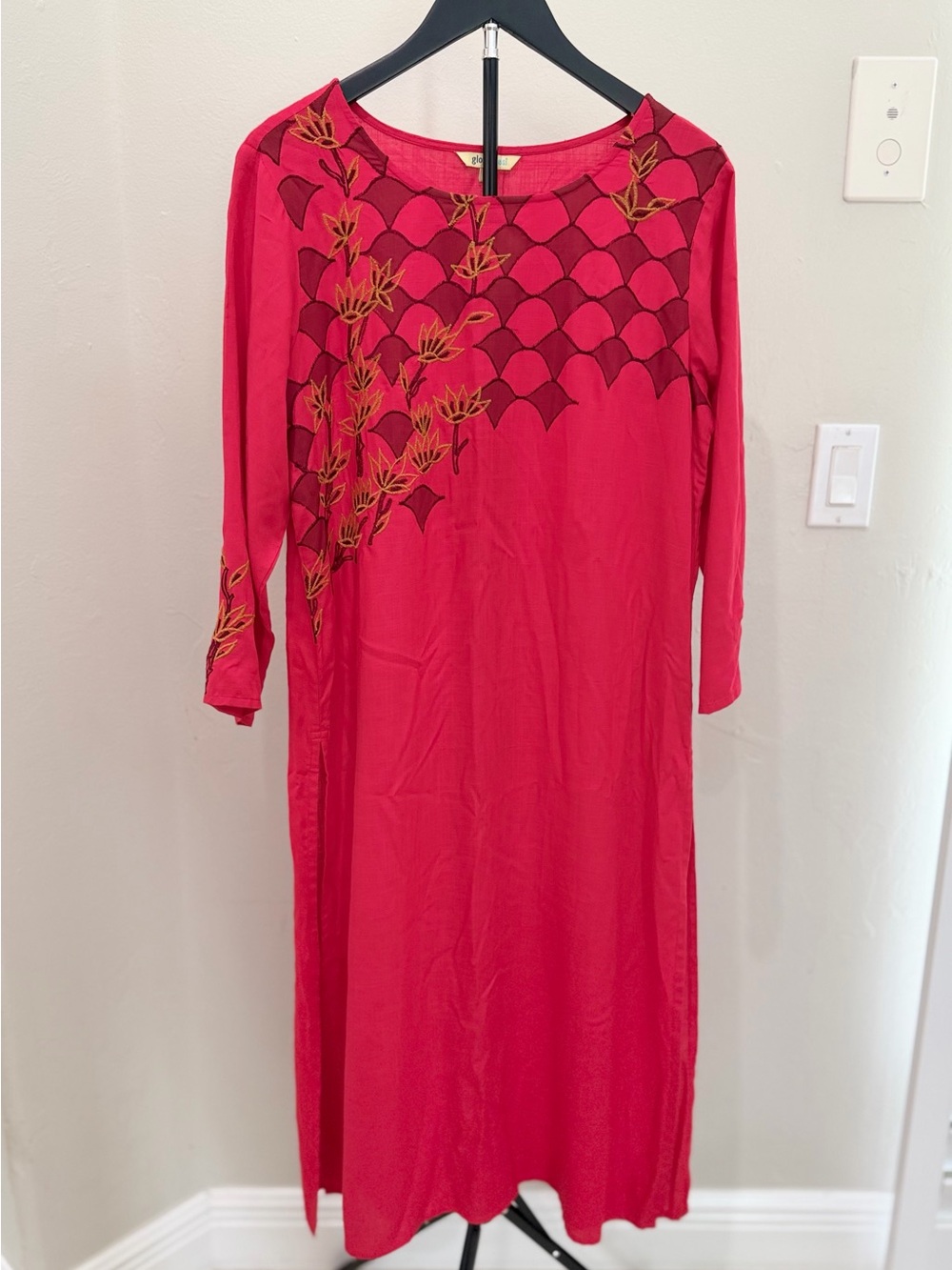 Global Desi Red Floral Embroidered Long Kurta Tunic Artisan Statement Tunic Boho